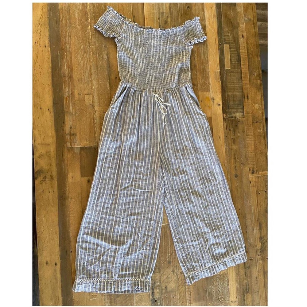 midi length striped off-the-shoulder jumpsuit